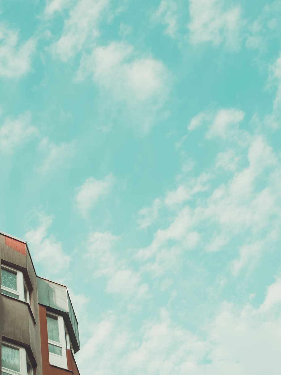 sky, building, geometry, sharp, edges, clouds, teal, windows HD wallpaper