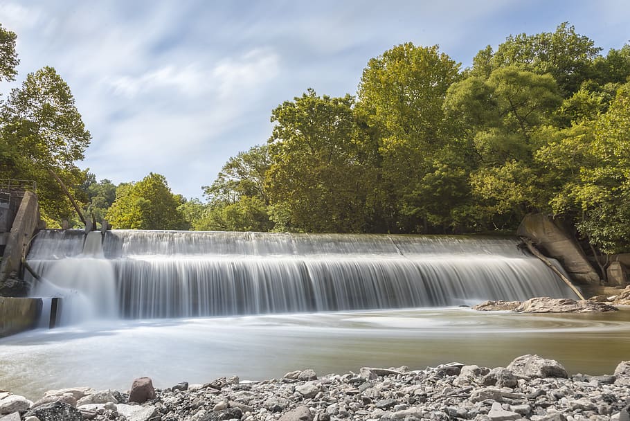 waterfalls beside trees, nature, river, outdoors, dam, reservoir HD wallpaper