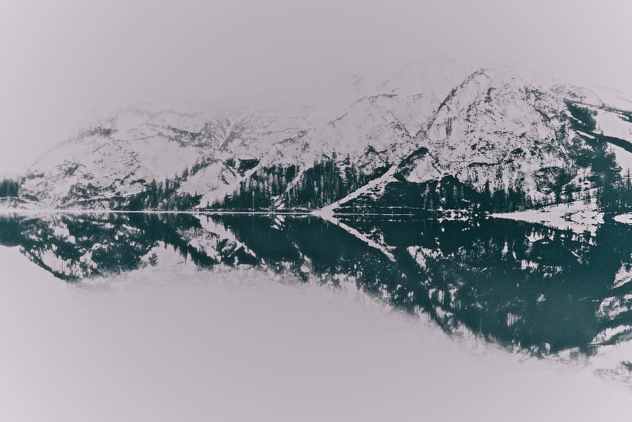 Landscape Photo of Snowy Mountains Near Lake, black-and-white HD wallpaper