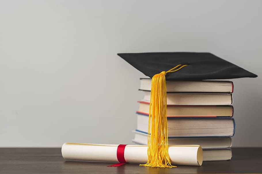 Online crop | HD wallpaper: Grad Cap Diploma And Stacked Books Photo