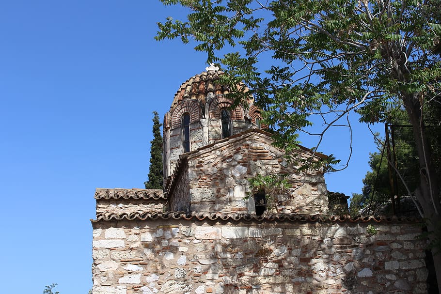 greece, athens, brick, roof, church, blue, sun, summer, architecture HD wallpaper