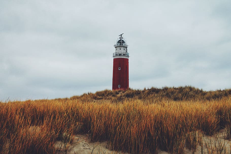 red and white lighthouse beside grass, architecture, building HD wallpaper