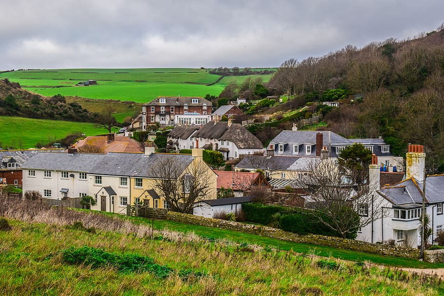 lulworth cove, village, architecture, traditional, houses, landscape