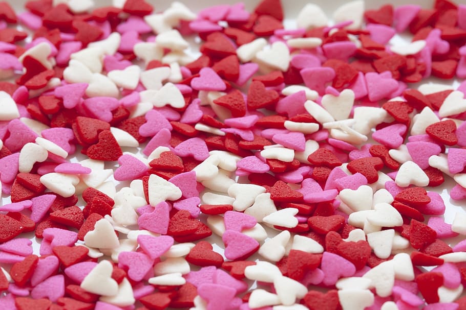 Selective Focus of White Red and Pink Hearts Sprinkles, blur HD wallpaper