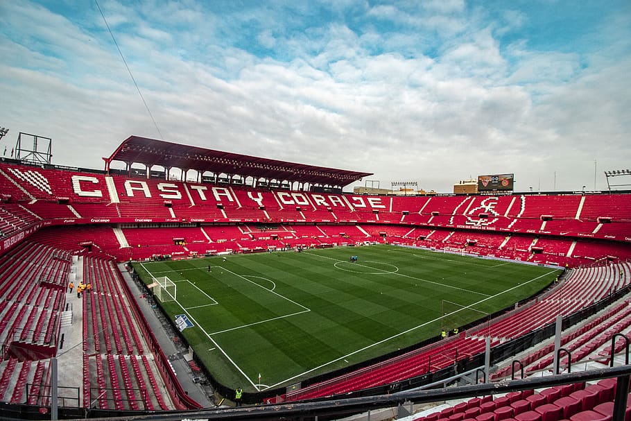 empty soccer field during daytime, sky, blue, green, stadium HD wallpaper