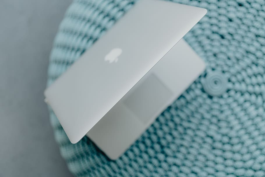 MacBook Laptop on a blue pouf, tech, technology, ottoman, indoors HD wallpaper