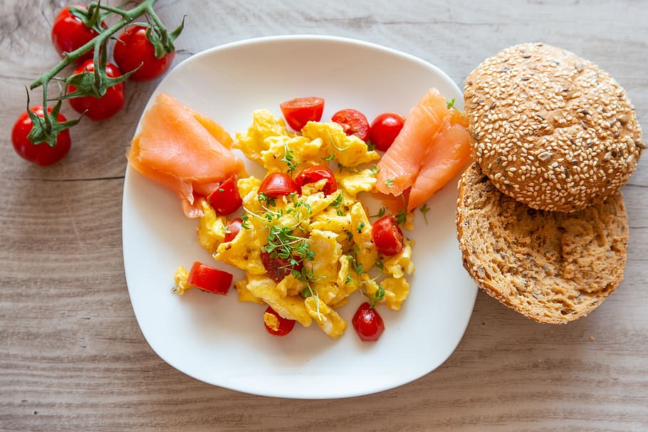 brunch, egg, salmon, roll, tomatoes, food, breakfast, food and drink HD wallpaper