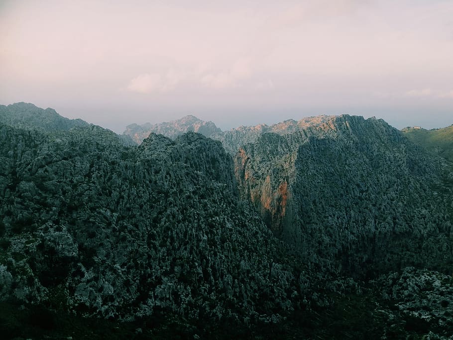 mountain, landscape, peak, summit, trees, view, aesthetic, sky HD wallpaper