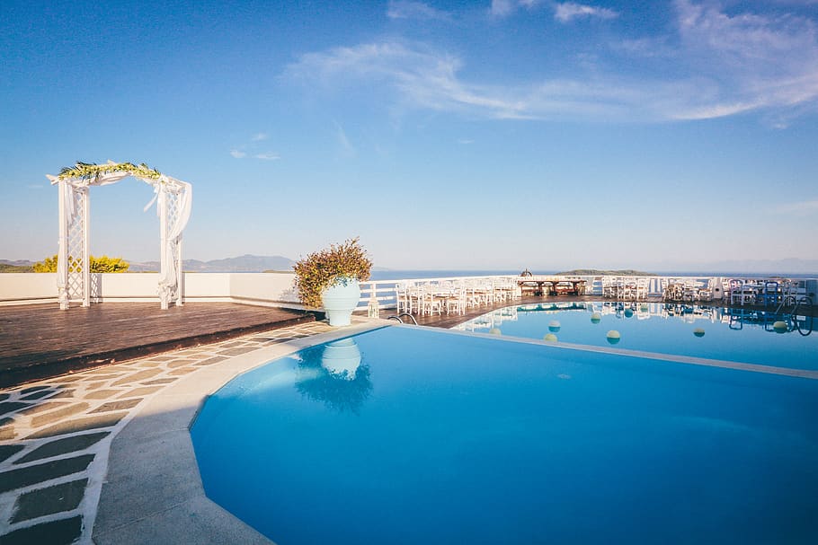 greece, skiathos, reflection, wedding, skyline, pool, water HD wallpaper