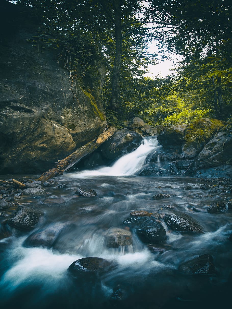 Time Lapse Photography of Waterfall, boulders, cascade, daylight HD wallpaper