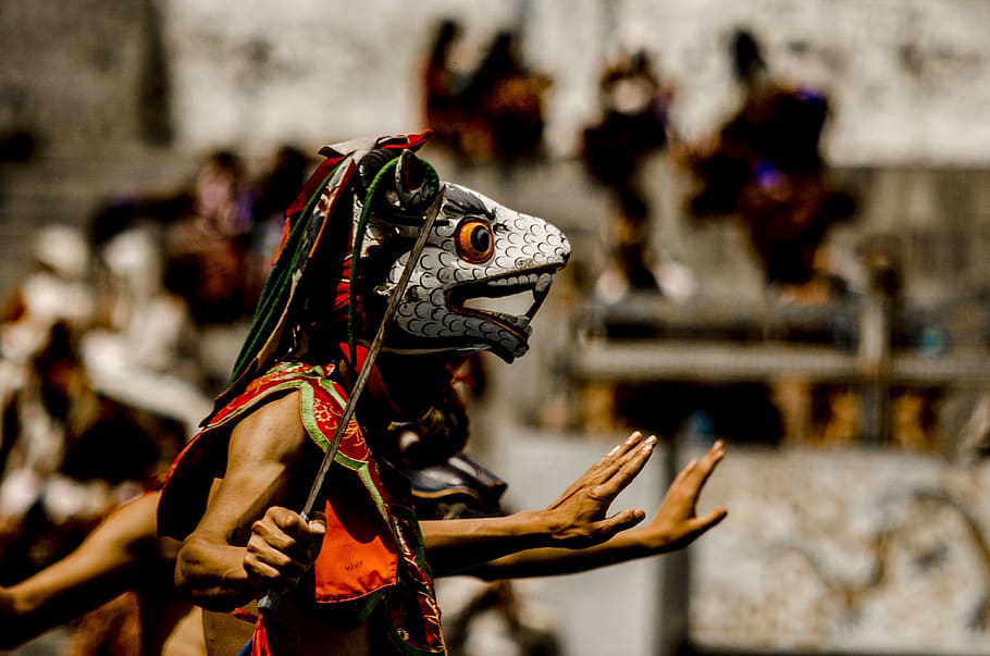 Person Wearing Traditional Mask Dancing, Bhutan, bhutanese, city