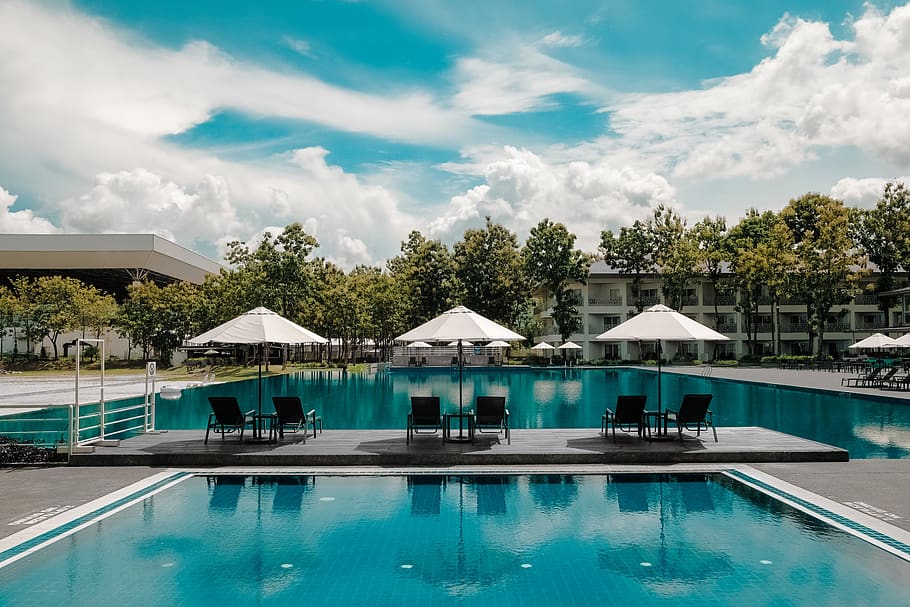 blue, sky, nature, trees, resort, swimming, pool, water, reflection HD wallpaper