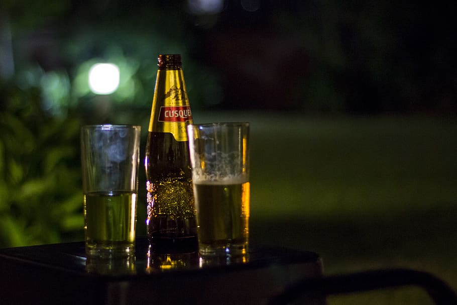 night, beer, bottle, alcohol, food and drink, glass, refreshment