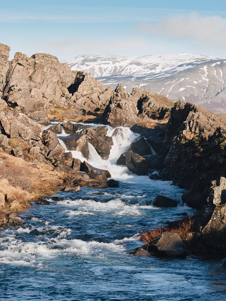 river, rapids, waterfall, mountain, snow, beauty in nature HD wallpaper