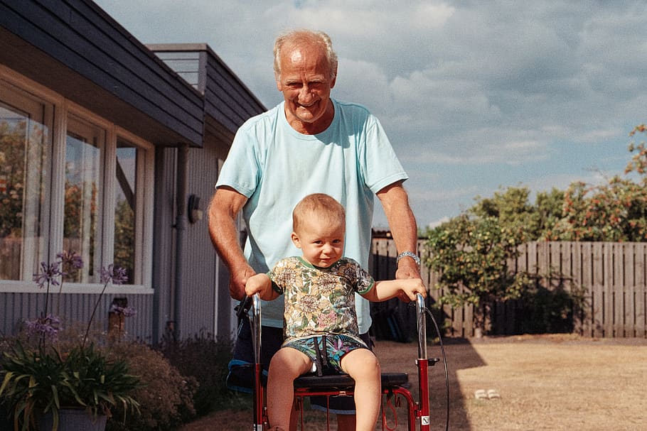 smiling man standing rollator walker, males, child, childhood HD wallpaper