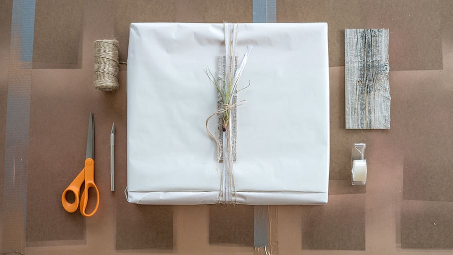 crafts, gift, laydown, wrapping paper, scissors, twine, gift wrapping HD wallpaper