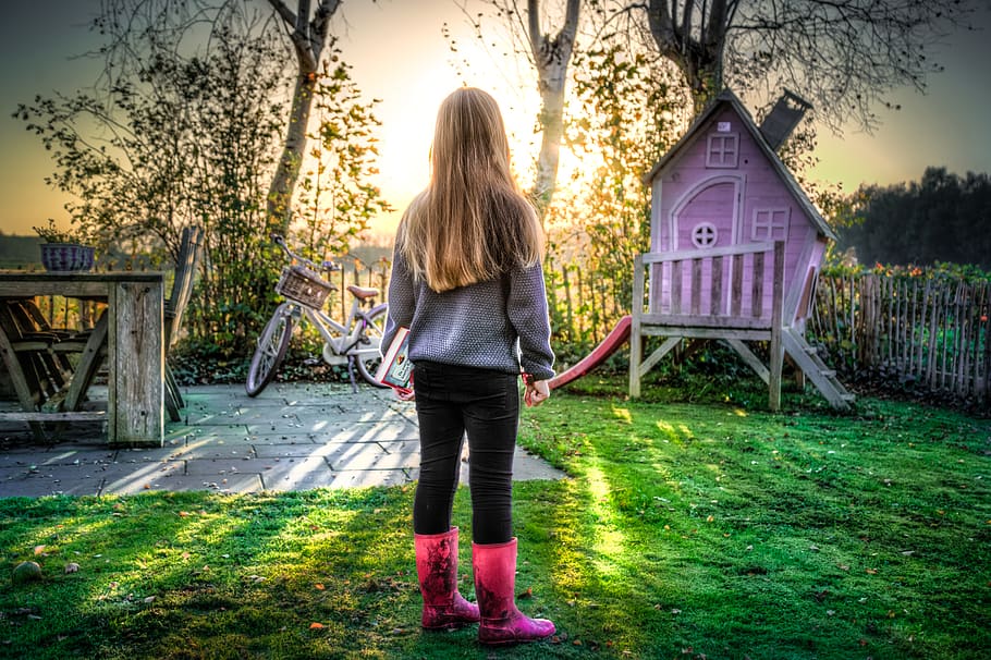 Girl Staring at the Sky, backyard, bicycle, casual, child, childhood HD wallpaper