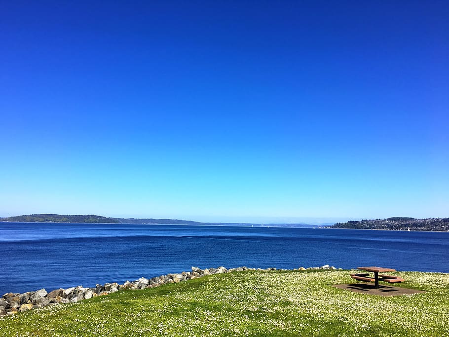 sky, water, edge, cliff, view, peaceful, green grass, blue sky