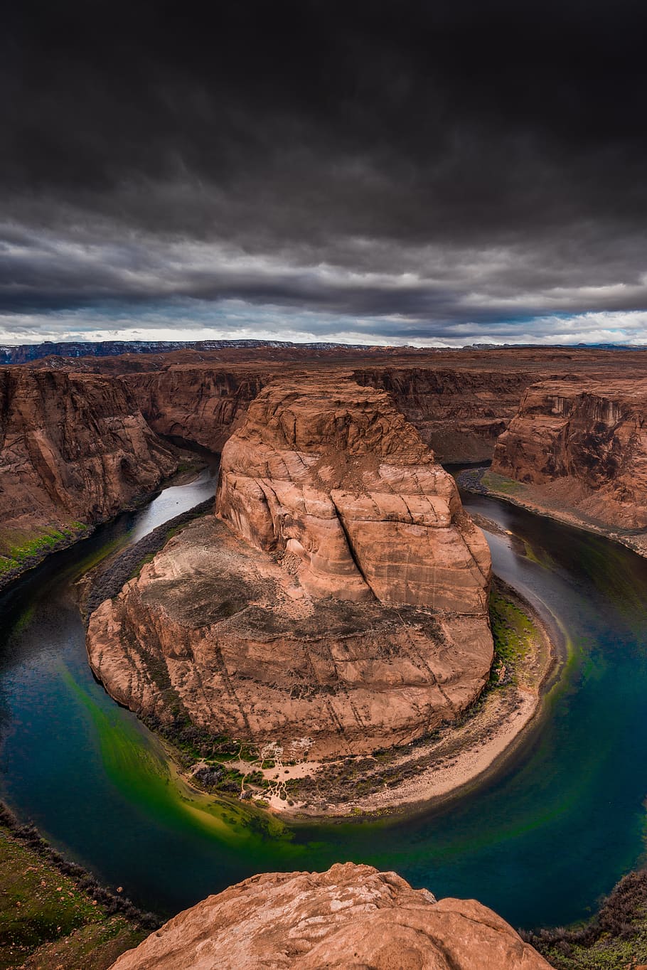 grey rock formation under gloomy sky, canyon, cloudy, storm, river HD wallpaper