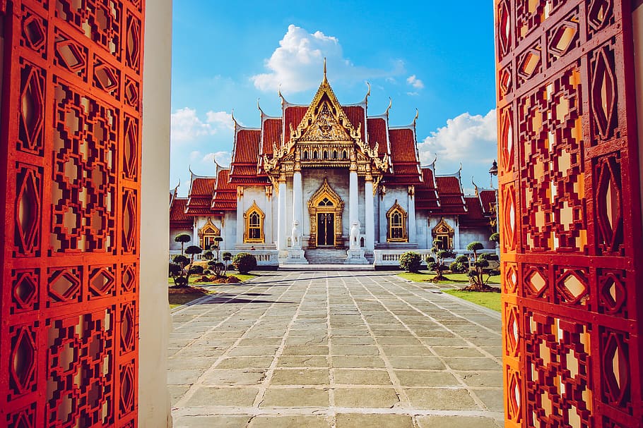 opened orange gate leading to temple, architecture, building HD wallpaper