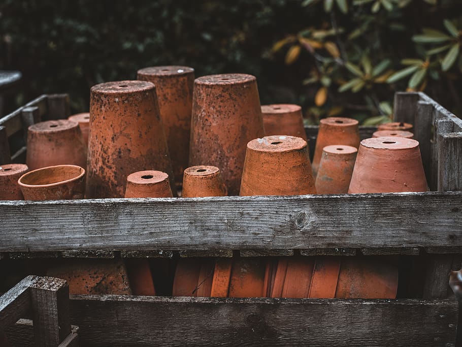 brown planter lot, wood - material, no people, container, large group of objects HD wallpaper