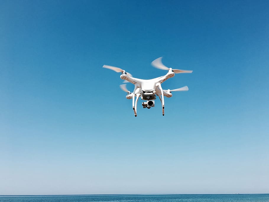 White Drone , camera, flight, flying, sky, technology, blue, water HD wallpaper