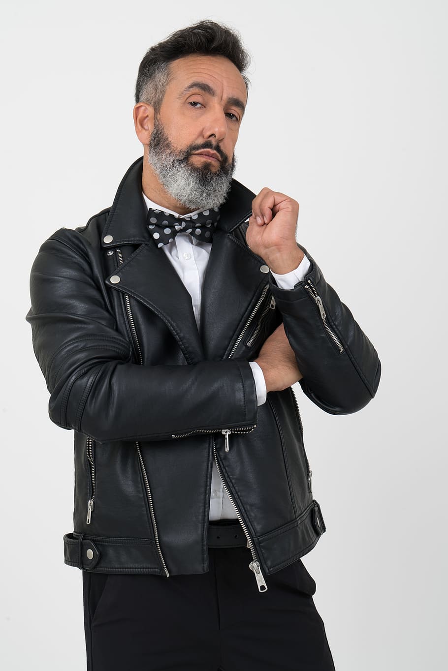 Men's Black Leather Zip-up Jacket, adult, beard, black leather jacket
