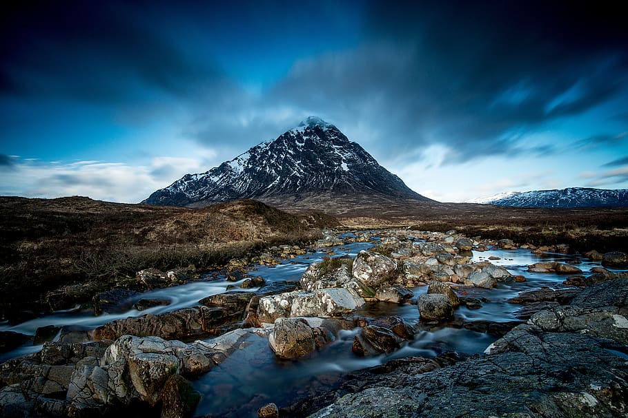 mountain, highland, rocks, river, water, cloud, sky, nature HD wallpaper
