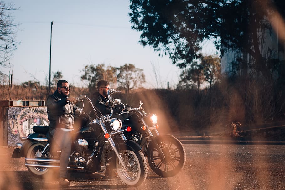 two man riding cruiser motorcycle, human, person, people, transportation HD wallpaper