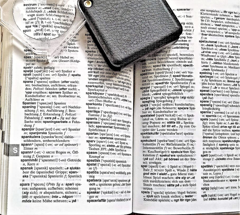 book, dictionary, swedish german, language, magnifying glass HD wallpaper