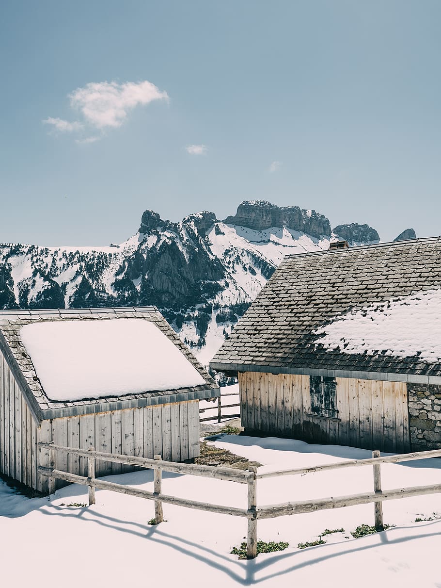 Two White Wooden Houses Near Snow Mountain, altitude, architecture, HD wallpaper