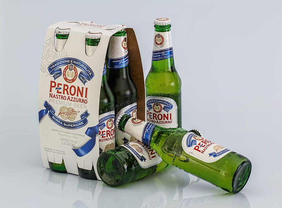 Several Peroni Beer Bottle, alcohol, beverage, bottles, drinks, HD wallpaper
