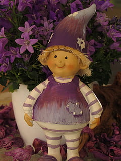 dwarf, imp, brownie, fabric, hamada, purple, bluebells, flowers HD wallpaper