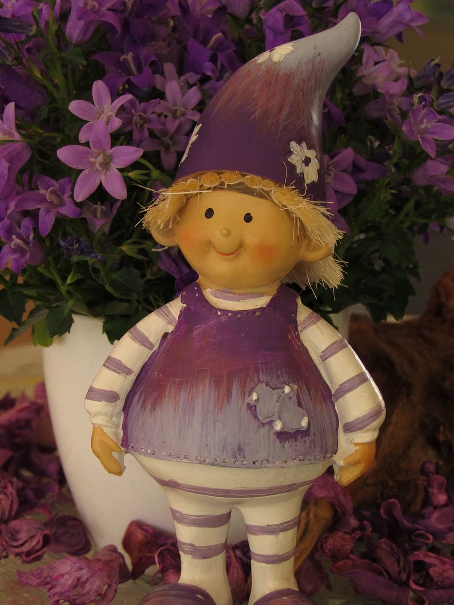 dwarf, imp, brownie, fabric, hamada, purple, bluebells, flowers HD wallpaper