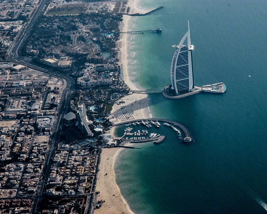 aerial photography of Burj Al-Arab near seashore, outdoors, nature