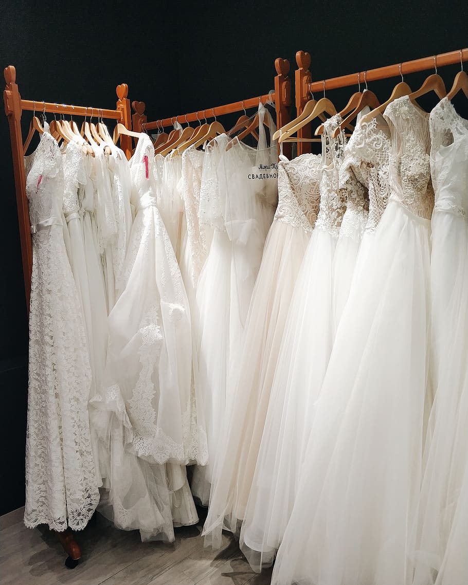 white gowns on wooden rack, clothing, wedding, hanging, wedding dress, HD wallpaper