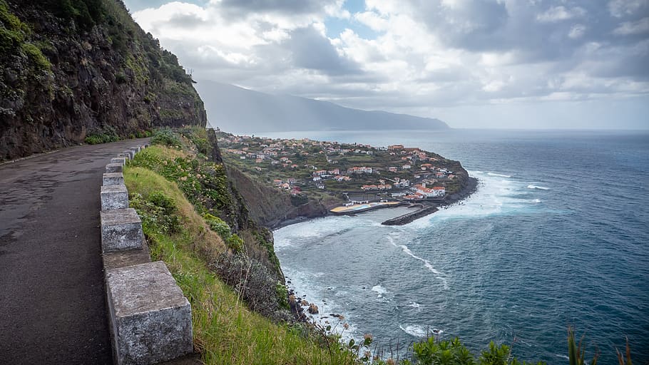 madeira, portugal, island, ocean, coast, cliffs, road, sky, HD wallpaper