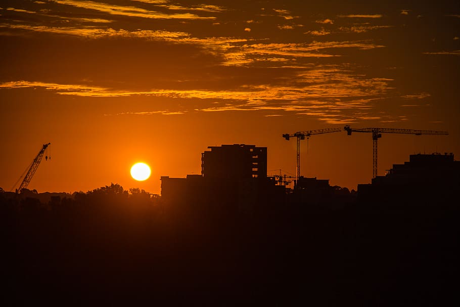 buildings, sky, sunset, cranes, skyline, trees, clouds, sydney HD wallpaper