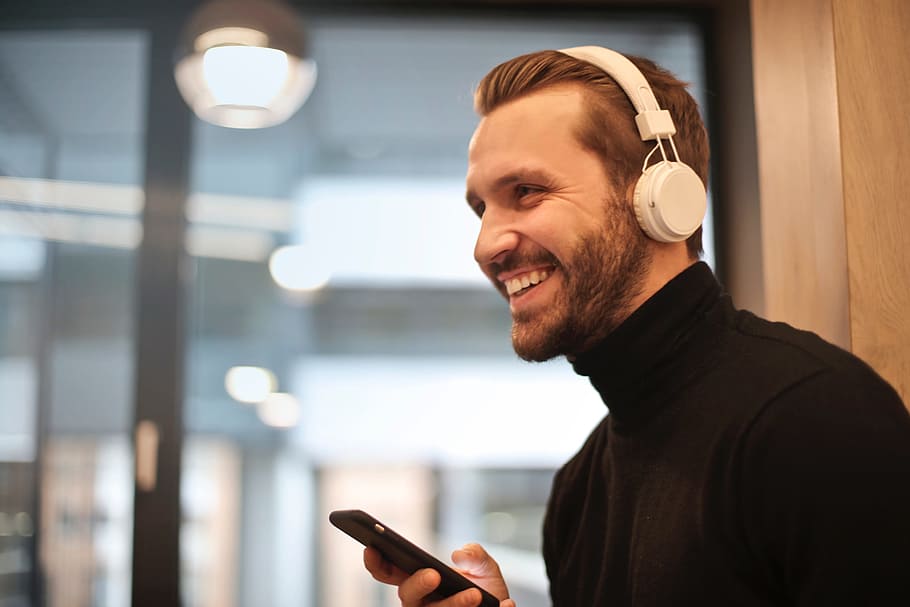 man, music, smile, beard, headphones, listen, song, office HD wallpaper