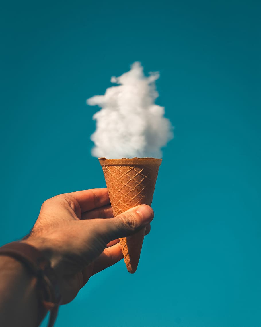 Man Holding Ice Cream Cone Under Cloud, clouds, conceptual, creative HD wallpaper