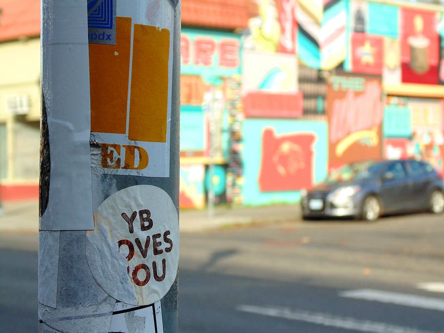 sedan parked on road, portland, car, sticker, united states, vehicle HD wallpaper