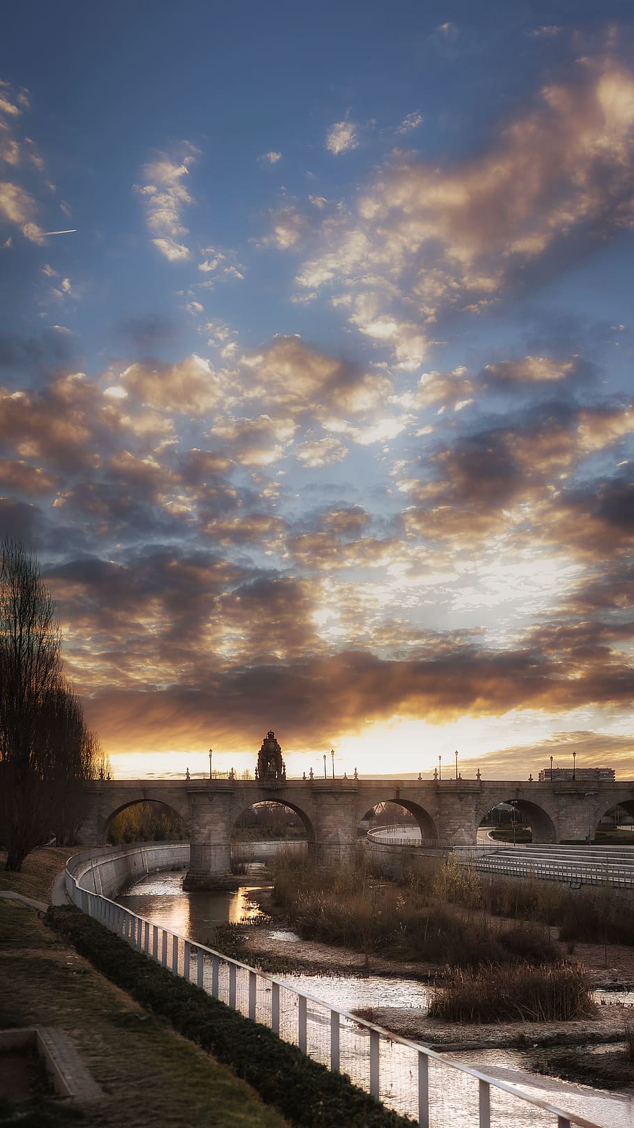 sky, dawn, madrid rio, vertical, bridge, water, river, landscape HD wallpaper