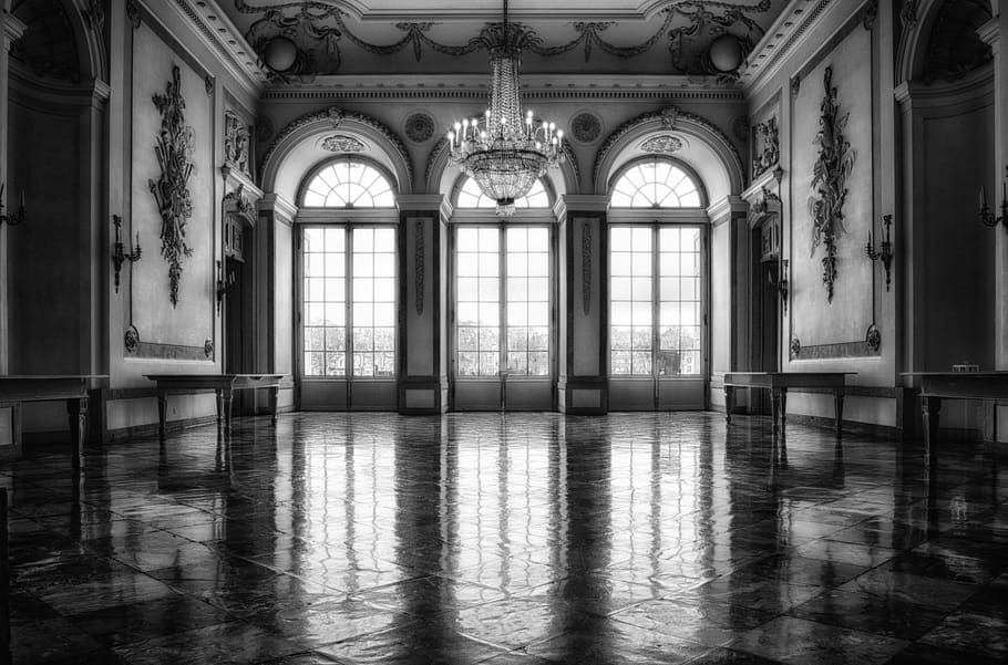 Interior of Building, arches, architecture, art, baroque, black-and-white, HD wallpaper