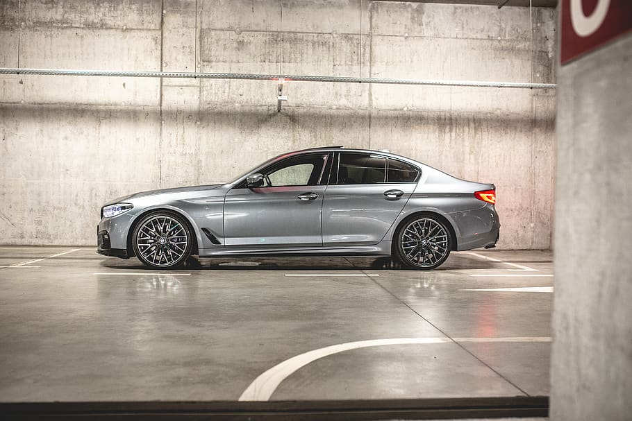 grey BMW sedan on parking space, car, automobile, vehicle, transportation