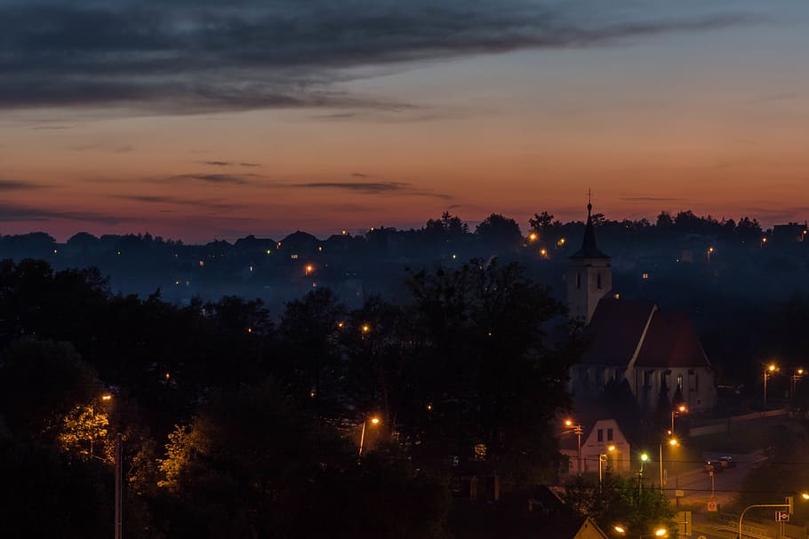 white painted church, dark, light, fog, sunset, architecture HD wallpaper