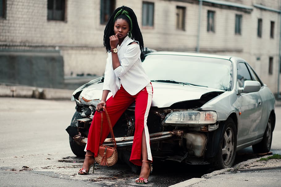 Woman With White Long-sleeved Shirt, Red ,and White Slit Pants and Pair of Black Open-toe D'orsay Heel Sandals Sitting on Wrecked Silver Car, HD wallpaper