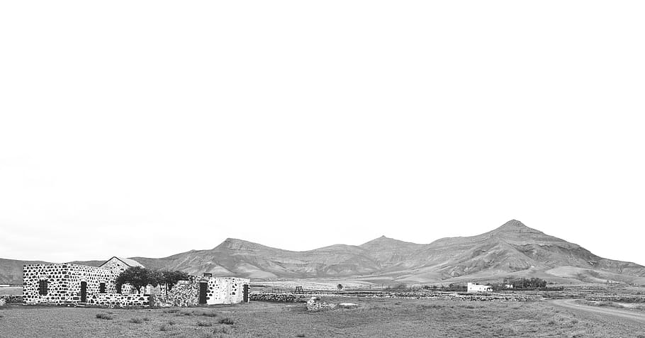 spain, fuerteventura, villa, mountains, black white, black and white, HD wallpaper