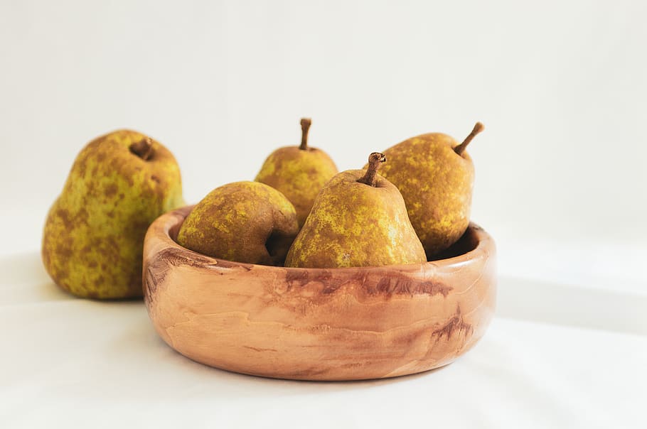 fruit, pears, bowl, white, bright, green, color, wood bowl HD wallpaper