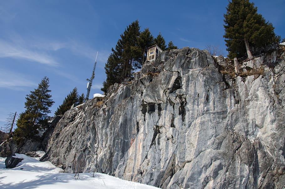 mountains, wall, stone, trees, snow, hiking, winter, austria HD wallpaper