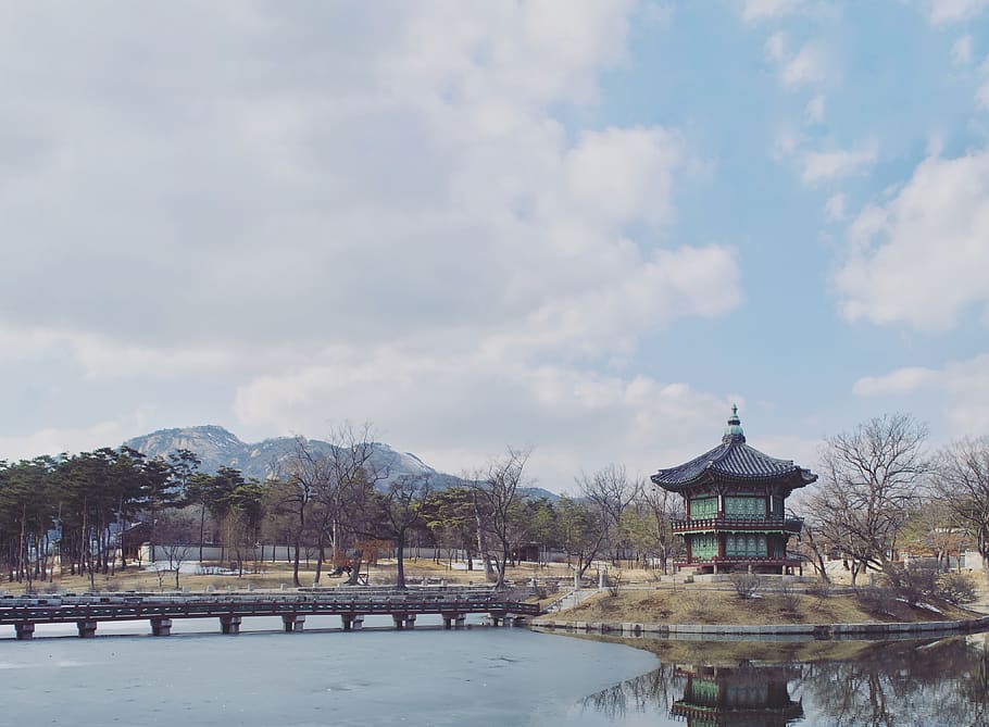 south korea, gyeongbokgung palace, sky, southkorea, trees, built structure, HD wallpaper